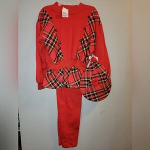 🆕️ Vintage Girls 3 Pc Red Plaid Outfit Sweatsuit Peplum Top Comfy Pants Pom Cap